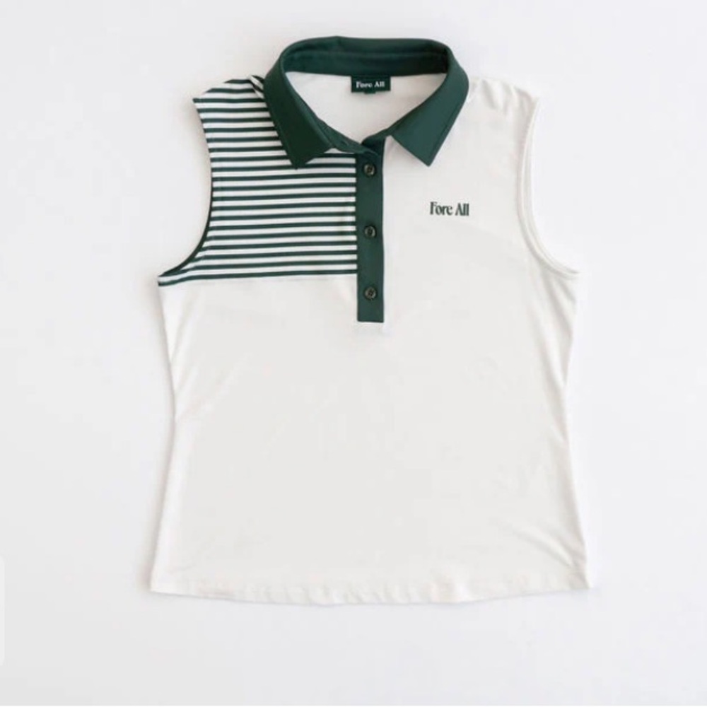 Fore All Women's Green and White Striped Polo Top